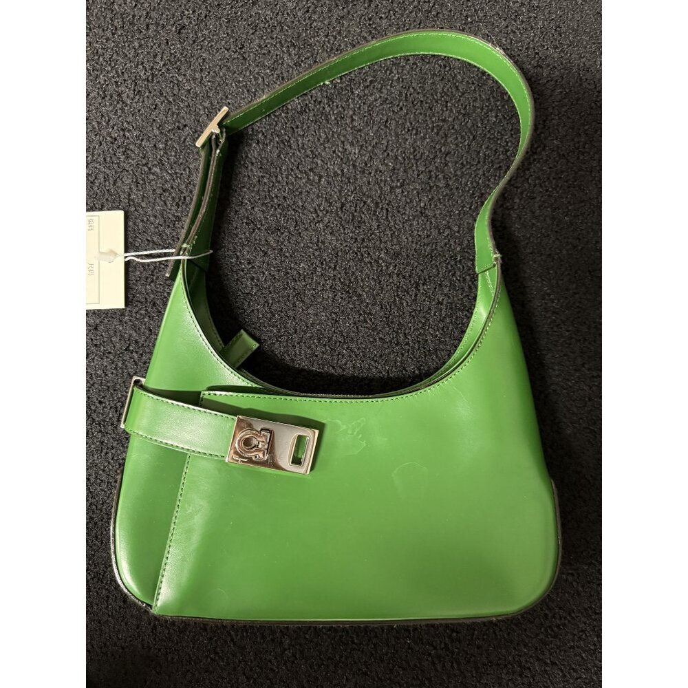 Salvatore Ferragamo Green Leather Shoulder Bag With Silver Buckle Detail Made In